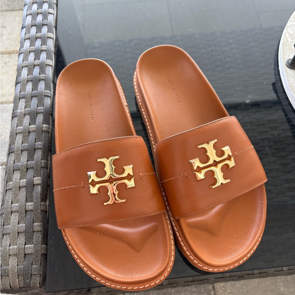 Tory Burch Brown and Gold Sandals with Logo
